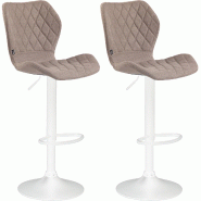 Décoshop26 - Lot de 2 tabourets de bar avec coutures décoratives en forme de losanges en tissu taupe et métal blanc 10_0004123 - blanc métal 30002