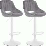 Décoshop26 - Lot de 2 tabourets de bar réglables en velours gris foncé dossier ajouré et pied métal blanc 10_0006264 - blanc métal 3000265477095