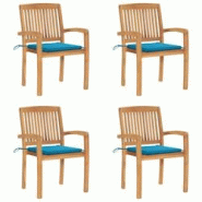 VidaXL Chaises De Jardin Empilables Avec Coussins Lot De 4 Teck Solide - bleu 3073214 VidaXL Chaises De Jardin Empilables Avec Coussins Lot De 4 Teck Solide - bleu 3073214