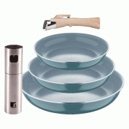 BERGNER - Ensemble 3 Poêles Ø18/20/24cm en Aluminium Pressé Recyclé Vert avec Manche Amovible avec Pulvérisateur d'Huile/Vinaigre en Acier Inoxyd