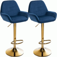 Décoshop26 - Lot de 2 tabourets de bar repose-pieds intégré revêtement velours bleu structure en métal doré TDB10735 - bleu métal 3000250444606