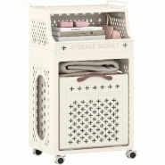 COSTWAY chariot à linge avec panier 40L, pliable avec étagères, crochets et boîte, beige - blanc plastique polypropylène VH35303NQ
