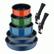 BERGNER Click&Cook - Ensemble de 2 poêles Ø22/26cm en aluminium moulé bleu et 3 casseroles Ø16/18/20cm en aluminium embouti avec 2 poignées amovi