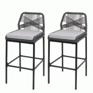 Décoshop26 - Lot de 2 tabourets de bar style moderne intérieur et extérieur en métal anthracite et tressage corde coussins gris 04_0009638 - gris