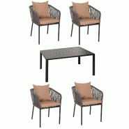 Décoshop26 - Salon de jardin table 140x80 cm + 4 chaises en aluminium corde tressée anthracite coussins taupe 04_0010085 - 3000267839167
