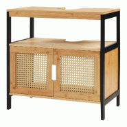 Helloshop26 - Meuble sous lavabo salle de bain rangement design bambou 60 x 60 x 35 cm noir naturel aspect rotin 03_0010006 - 3000224987726
