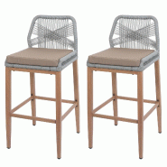 Décoshop26 - Lot de 2 tabourets de bar extérieur avec dossier cordage élastique décoratif gris clair et repose-pieds structure 04_0009642 - 300026