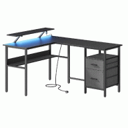 Helloshop26 - Bureau d'angle avec multiprise 120 x 150 x 76 cm informatique avec rehausseur d'écran bureau gaming led 2 tiroirs 2 12_0004625 - Bois m