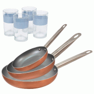 BERGNER - Ensemble de 3 Poêles en Aluminium Pressé Ø18/Ø22/Ø26 cm Compatibles Induction Optimum Plus avec Ensemble de 4 Verres 0,5 L NOIA - alumi