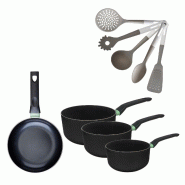 Lot Poêle 20cm & 3 Casseroles 16/18/20cm sans PFAS Fackelmann Brandao avec 5 ustensiles - noir aluminium 3176239922110