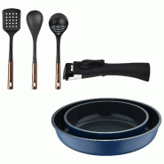 BERGNER - Jeu de 2 Poêles Ø22/26cm en Aluminium Coulé Bleu avec Manche Amovible avec Set de 3 Ustensiles de Cuisine en PBT Noir et Cuivre - PK9795