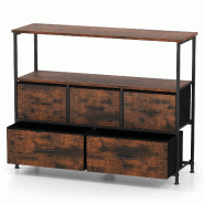 COSTWAY Commode avec 5 tiroirs en tissu et étagères, meuble avec plateau bois et cadre métallique, meuble de rangement, 100 × 30 × 80 cm, marron
