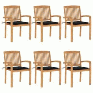 VidaXL Chaises De Jardin Empilables Avec Coussins Lot De 6 Teck Solide - noir 3073232 VidaXL Chaises De Jardin Empilables Avec Coussins Lot De 6 Teck Solide - noir 3073232