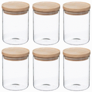 WellHome - Lot de 6 bocaux en verre et bois de 600 ml - transparent verre PK3930
