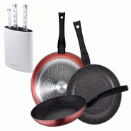 BERGNER - Jeu de 3 Poêles Venus Ø20/24/28 cm en Aluminium Forgé Compatibles Induction avec Jeu de 3 Couteaux en Acier Inoxydable avec Bloc de Coute