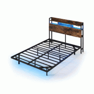 COSTWAY Cadre lit double métallique 140x200cm style industriel, équipé LED, station charge, sommier et tête lit rangement, sans matelas - marron m