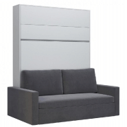 ARMOIRE LIT ESCAMOTABLE DJUKE  SOFA BLANC BANDEAU BLANC MAT CANAPÉ GRIS 160*200 CM