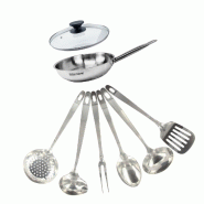 Set poêle 20 cm en inox, couvercle verre et 6 ustensiles inox Fackelmann Eterna - Acier inoxydable 18/10 3176239943993