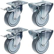 Roulette 100mm 4" frein en caoutchouc gris fixe capacité 440kg, jeu de 4 Roulette 100mm 4" frein en caoutchouc gris fixe capacité 440kg, jeu de 4