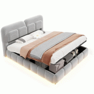 Merax Lit rembourré 140x200 cm, lit double en velours gris avec LED, coffre hydraulique, sommier et tête rembourrée - gris multi-matériau LDU00640AAE