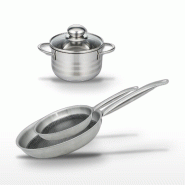 Batterie de cuisine avec 2 poêles 24/28 cm et 1 faitout 14 cm en inox sans PFAS Elo Collection Relief Solution Brillant - gris 3176239940855_0