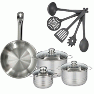 Batterie de cuisine avec 3 faitouts 16/20/24 cm et 1 poêle 28 cm avec 5 ustensiles de cuisine sans PFAS Fackelmann Etherna Brillant Clip - gris inox