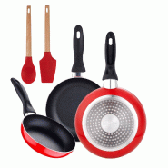 BERGNER - Jeu de 3 Poêles Ø16/Ø20/Ø24cm en Aluminium Pressé Compatible Induction Navy Red avec Jeu de 2 Ustensiles de Cuisine EXCALIBUR - alumini