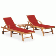 VidaXL Chaises Longues Lot De 2 Avec Table Et Coussin Bois Teck Solide - rouge 3073177