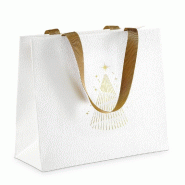 Sac luxe texturé blanc Sapin or poignées ruban or 25,5x10x21,5cm - par 12