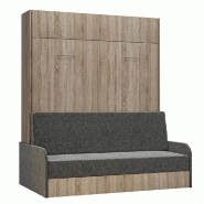 ARMOIRE LIT ESCAMOTABLE DYNAMO SOFA CHÊNE CANAPÉ ACCOUDOIRS TISSU GRIS COUCHAGE 160*200