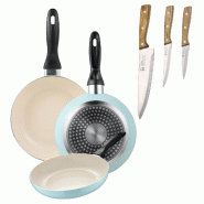 BERGNER - Ensemble de 3 poêles Ø16/Ø20/Ø24 cm en aluminium embouti bleu ciel avec ensemble de 3 couteaux en acier inoxydable - PK9400