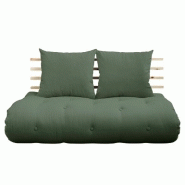 CANAPÉ LIT FUTON SHIN SANO VERT OLIVE PIN MASSIF COUCHAGE 140*200 CM.