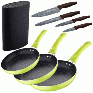 San Ignacio - Jeu de 3 Poêles (20/24/28 cm) en Aluminium Embouti et Set de 4 Couteaux en Acier Inoxydable avec Bloc de Couteaux - aluminium PK5822