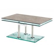 TABLE BASSE MATCH CERAMIQUE GREY 2 PLATEAUX PIVOTANTS EN VERRE PIÉTEMENT CHROME