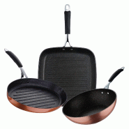 BERGNER Copper - Jeu de Poêle Grill 28x28 cm, Wok Ø28 cm et Poêle à Poisson 32x21,8x4 cm en Aluminium Forgé avec Revêtement Antiadhésif ILAG - PK8750