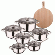 BERGNER - Batterie de cuisine Cassel 12pcs en acier inoxydable compatible induction avec planche à découper ronde 38x28x1,5cm en bois de hêtre - mu