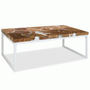 Décoshop26 - Table basse design rustique 110 x 60 x 40 cm teck véritable avec remplissage de résine acier blanc DEC040181 - blanc acier 3000264790782