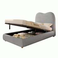 Merax Lit rembourré 90 x 200 cm avec rangement hydraulique, sommier à lattes et tête de lit rembourrée, housse en lin gris - gris multi-matériau