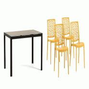 RATTATAN Set de repas intérieur et extérieur, table en aluminium, 4 chaises en polypropylène empilables, pour cuisine, jardin MILO+ANNA-Moutarde/No