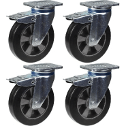 Roulette 200mm 8" pivotante en caoutchouc noir avec frein, forte capacité de 1800kg, jeu de 4 Roulette 200mm 8" pivotante en caoutchouc noir avec frein, forte capacité de 1800kg, jeu de 4
