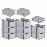 PROREGAL 8x Bac Euro NextGen Economy avec couvercle d'appui et 4 fermetures à glissière rouges poignées ouvertes 22x30x40cm 20L - noir plastique RM