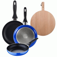 BERGNER - Ensemble 3 poêles Ø16/20/24cm aluminium pressé Adapté induction Blue Navy Paradise avec planche à découper 38x28x1,5cm en bois de hêt