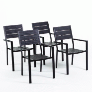RATTATAN Set de 4 chaises d'extérieur, jardin, empilables avec accoudoirs, structure en acier peint et assise en polyéthylène à lames effet bois -