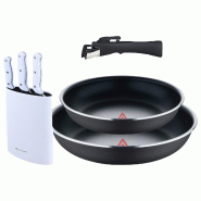 BERGNER - Jeu de 2 Poêles Ø22/26 cm en Aluminium Embouti Noir avec Manche Amovible et Jeu de 3 Couteaux avec Bloc de Couteaux en Acier Inoxydable -