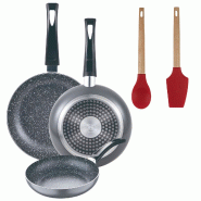 BERGNER - Ensemble de 3 poêles Ø16/20/24cm aluminium embouti compatible induction Black Soul Marble avec ensemble de 2 ustensiles de cuisine EXCALIB