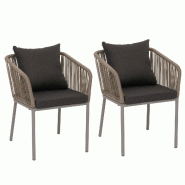 Décoshop26 - Lot de 2 chaises de jardin avec accoudoirs aluminium et tressage corde coussins gris foncé 04_0009795 - gris aluminium 3000267681780