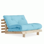 FAUTEUIL CONVERTIBLE FUTON ROOTS PIN NATUREL COLORIS BLEU CLAIR COUCHAGE 90 X 200 CM.