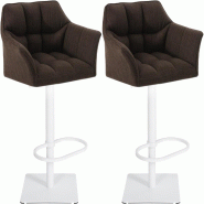 Décoshop26 - Lot de 2 tabourets de bar réglable en tissu marron assise enveloppante capitonnée et avec base carrée en métal blanc 10_0006769 - ma