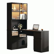 Merax Bureau d'angle avec étagère, vitrine LED, 3 tiroirs et compartiment pour animaux, 120 x 80 x 180 cm, noir - noir multi-matériau N880P4419445B