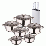 BERGNER - Batterie de cuisine Cassel 12pcs en acier inoxydable compatible induction avec set de 3 couteaux en acier inoxydable avec bloc à couteaux -